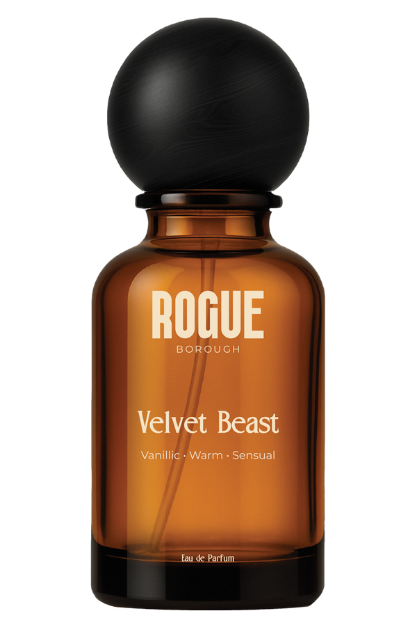 Brown perfume bottle with black cap labeled 'Rogue Borough Velvet Beast' on a white background